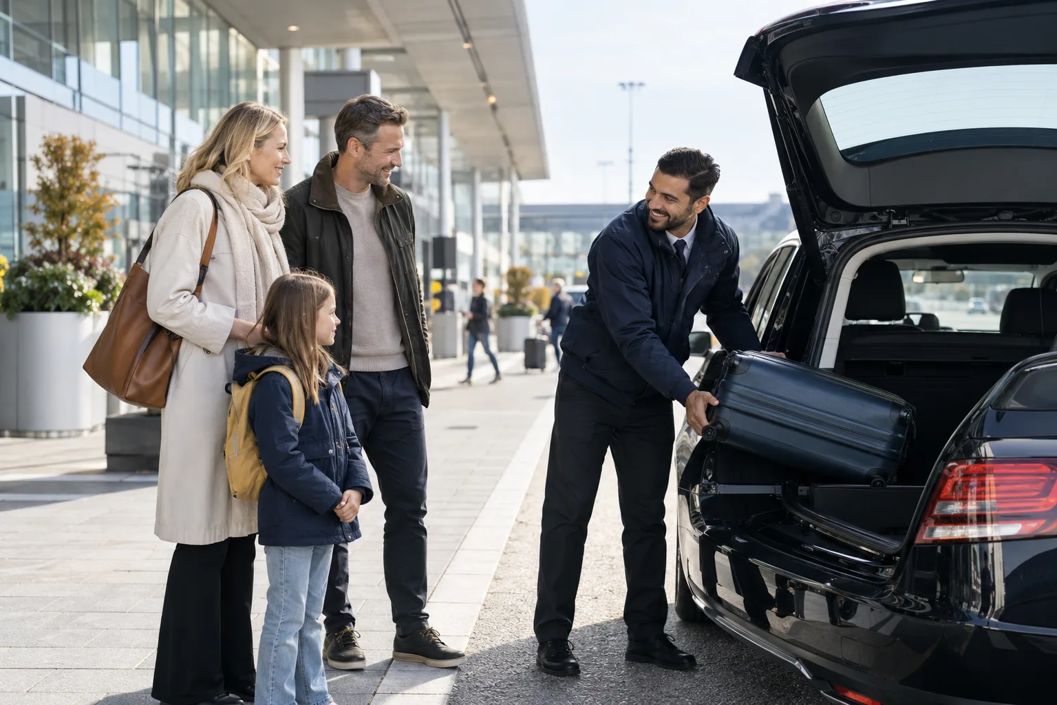 Chaufför hjälper familj med bagage vid en terminal